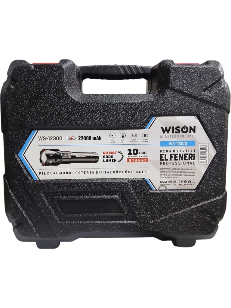 WS-12300 Profesyonel El Feneri | 60W – 6000 Lümen – 22000 Mah – Zoomlu – Metal Kasa – Type-C Şarj – Dijital Göstergeli