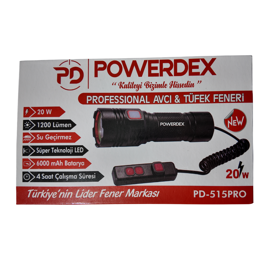 PowerDex PD-515 Pro 20W & 1200 Lümen Profesyonel Zoomlu El & Tüfek Avcı Feneri